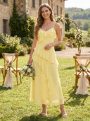A Line Chiffon Ruffled V Neck Sleeveless Long Bridesmaid Dresses