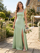 A Line Satin Square Neck Sleeveless Long Bridesmaid Dresses with Slit