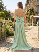 A Line Satin Square Neck Sleeveless Long Bridesmaid Dresses with Slit