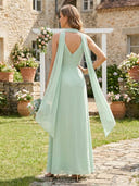 A Line Chiffon High Neck Sleeveless Long Bridesmaid Dresses