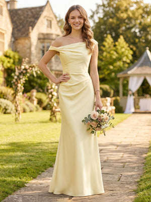 Satin Mermaid Off Shoulder Sleeveless Long Bridesmaid Dresses