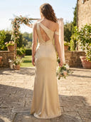Satin Mermaid One Shoulder Sleeveless Long Bridesmaid Dresses with Slit