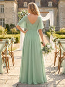 A Line Round Neck Short Sleeves Long Bridesmaid Dresses