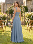 Chiffon A Line Cowl Neck Long Bridesmaid Dresses with Slit