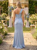Satin A Line One Shoulder Corset Long Bridesmaid Dresses with Ruched