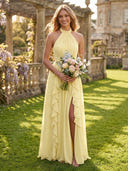 Chiffon Halter Ruffles A Line Long Bridesmaid Dresses with Slit