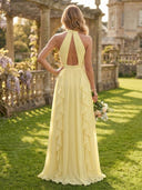 Chiffon Halter Ruffles A Line Long Bridesmaid Dresses with Slit