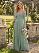 Chiffon A Line Long Sleeves Long Bridesmaid Dresses with Straps