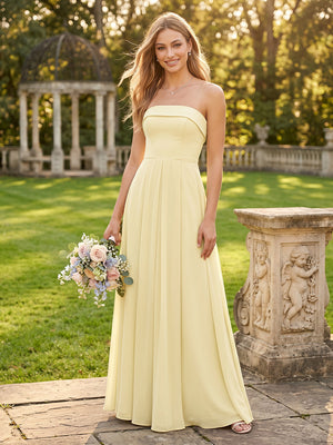 Chiffon A Line Strapless Long Bridesmaid Dresses