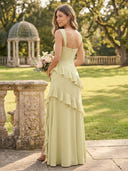 Chiffon A Line Spaghetti Straps Ruffles Long Bridesmaid Dresses with Slit