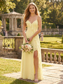 Chiffon V Neck Ruffles A Line Long Bridesmaid Dresses with Slit