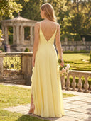 Chiffon V Neck Ruffles A Line Long Bridesmaid Dresses with Slit
