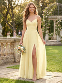 Chiffon A Line V Neck Long Bridesmaid Dresses with Slit