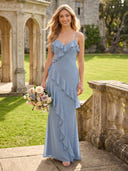 Chiffon A Line V Neck Ruffles Long Bridesmaid Dresses