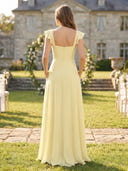 Chiffon A Line Square Neck Long Bridesmaid Dresses with Slit