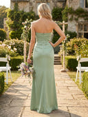 Satin Strapless A Line Long Bridesmaid Dresses with Slit
