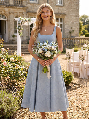 Floral Print A Line Square Neck Tea Bridesmaid Dresses