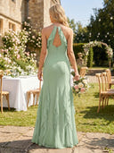 Chiffon Halter A Line Ruffles Long Bridesmaid Dresses