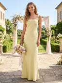 Satin Mermaid Strapless Long Bridesmaid Dresses with Straps