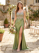 Satin Sweetheart A Line Long Bridesmaid Dresses with Slit