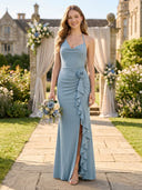 Chiffon Mermaid Cowl Neck Long Bridesmaid Dresses with Ruffles