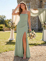 Chiffon Strapless A Line Long Bridesmaid Dresses with Slit