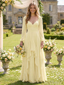 Chiffon V Neck Long Sleeves Bridesmaid Dresses with Ruffles