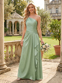 Satin One Shoulder A Line Long Bridesmaid Dresses with Ruffles