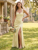 Satin Mermaid Halter Long Bridesmaid Dresses with Slit