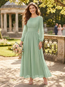 Chiffon Round Neck A Line Long Sleeves Bridesmaid Dresses
