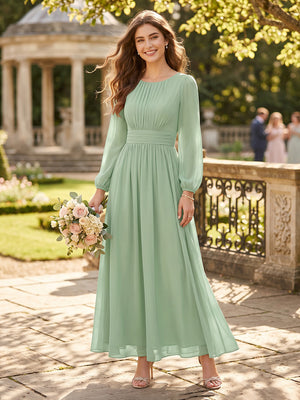 Chiffon Round Neck A Line Long Sleeves Bridesmaid Dresses