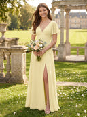 Chiffon V Neck Long Flutter Sleeves Bridesmaid Dresses with Slit