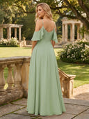 Chiffon Off the Shoulder Long A Line V Neck Bridesmaid Dresses with Slit