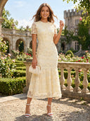 Tulle Floral Short Sleeves Jewel Neck Mermaid Tea Length Cocktail Dresses