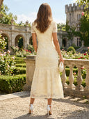 Tulle Floral Short Sleeves Jewel Neck Mermaid Tea Length Cocktail Dresses