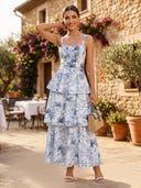 Chiffon Floral A Line Spaghetti Straps Tiered Tea Length Cocktail Dresses