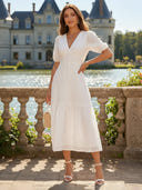Chiffon V Neck A Line Short Sleeves Tea Length Cocktail Dresses