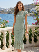 Tulle Floral High Neck Short Sleeves Mermaid Tea Length Cocktail Dresses