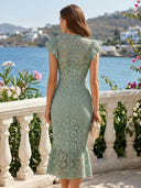 Tulle Floral High Neck Short Sleeves Mermaid Tea Length Cocktail Dresses