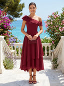 Chiffon One Shoulder Floral A Line Tea Length Cocktail Dresses