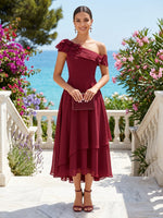 Chiffon One Shoulder Floral A Line Tea Length Cocktail Dresses
