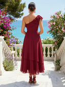 Chiffon One Shoulder Floral A Line Tea Length Cocktail Dresses