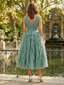 Tulle V Neck Tiered A Line Tea Length Cocktail Dresses
