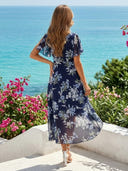 Chiffon Floral Short Sleeves A Line Tea Length Cocktail Dresses
