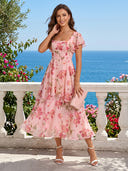 Floral Jacquard Chiffon Short Sleeves A Line Tea Length Cocktail Dresses