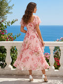 Floral Jacquard Chiffon Short Sleeves A Line Tea Length Cocktail Dresses
