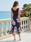 Floral Jacquard Chiffon Cowl Neck A Line Tea Length Cocktail Dresses