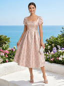 Floral Jacquard Short Sleeves Square Neck A Line Tea Length Cocktail Dresses