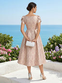 Floral Jacquard Short Sleeves Square Neck A Line Tea Length Cocktail Dresses