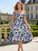 Satin Floral Off the Shoulder A Line Tea Length Cocktail Dresses